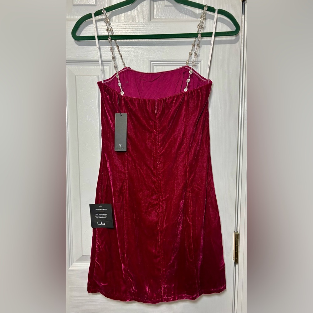 NWT LULUS SZ XS WINE RED VELVET BODYCON MINI DRESS With Rhinestone Straps - Picture 8 of 12
